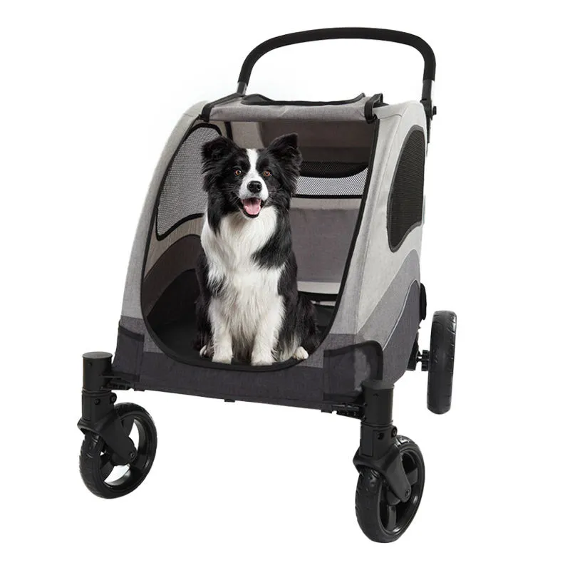 Spacious cabin of a large pet stroller accommodating a medium-to-large Border Collie dog comfortably and safely.