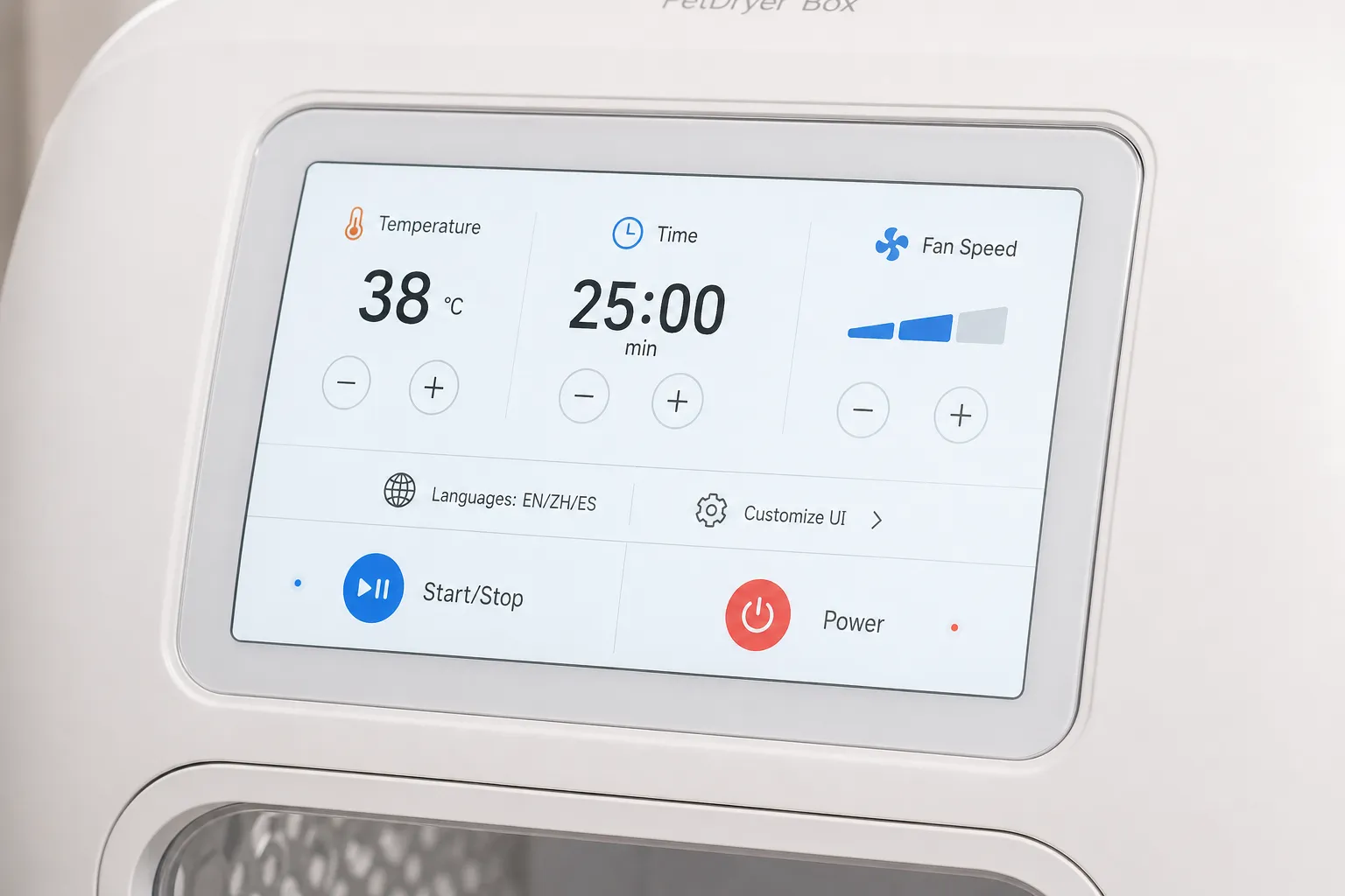 OEM custom touch panel interface for smart pet dryer boxes, supporting multi-language UI and personalized software solutions for global brands.