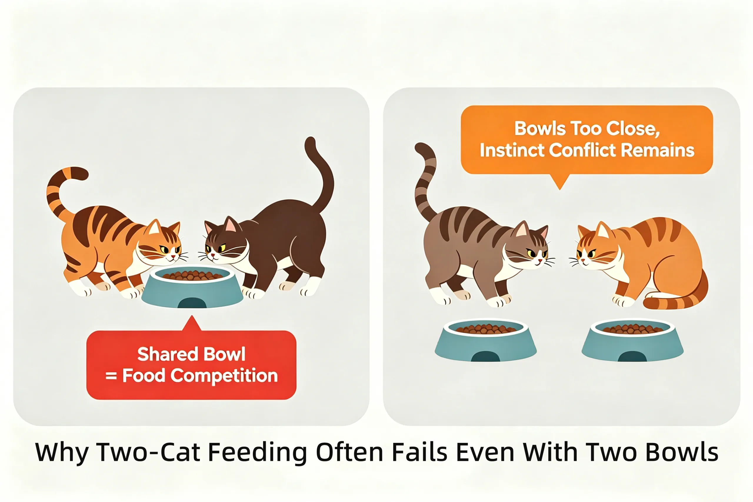 Illustration explaining why an automatic cat feeder food stealing two cats scenario happens when shared bowls trigger resource guarding and instinct conflict.
