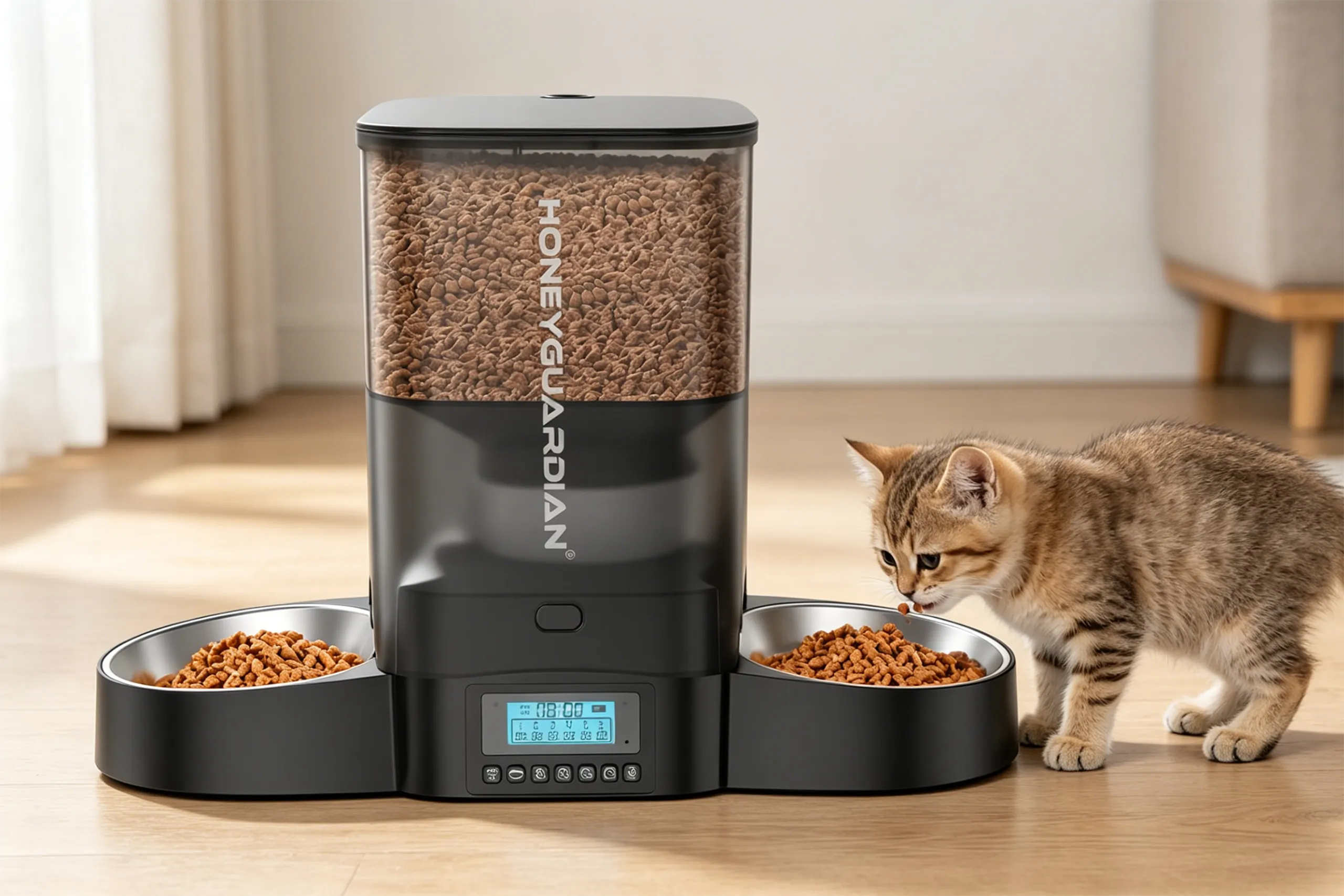 A kitten eating from a black HoneyGuaridan automatic cat feeder for 2 cats, featuring a single hopper and a Y-splitter for same-diet households.