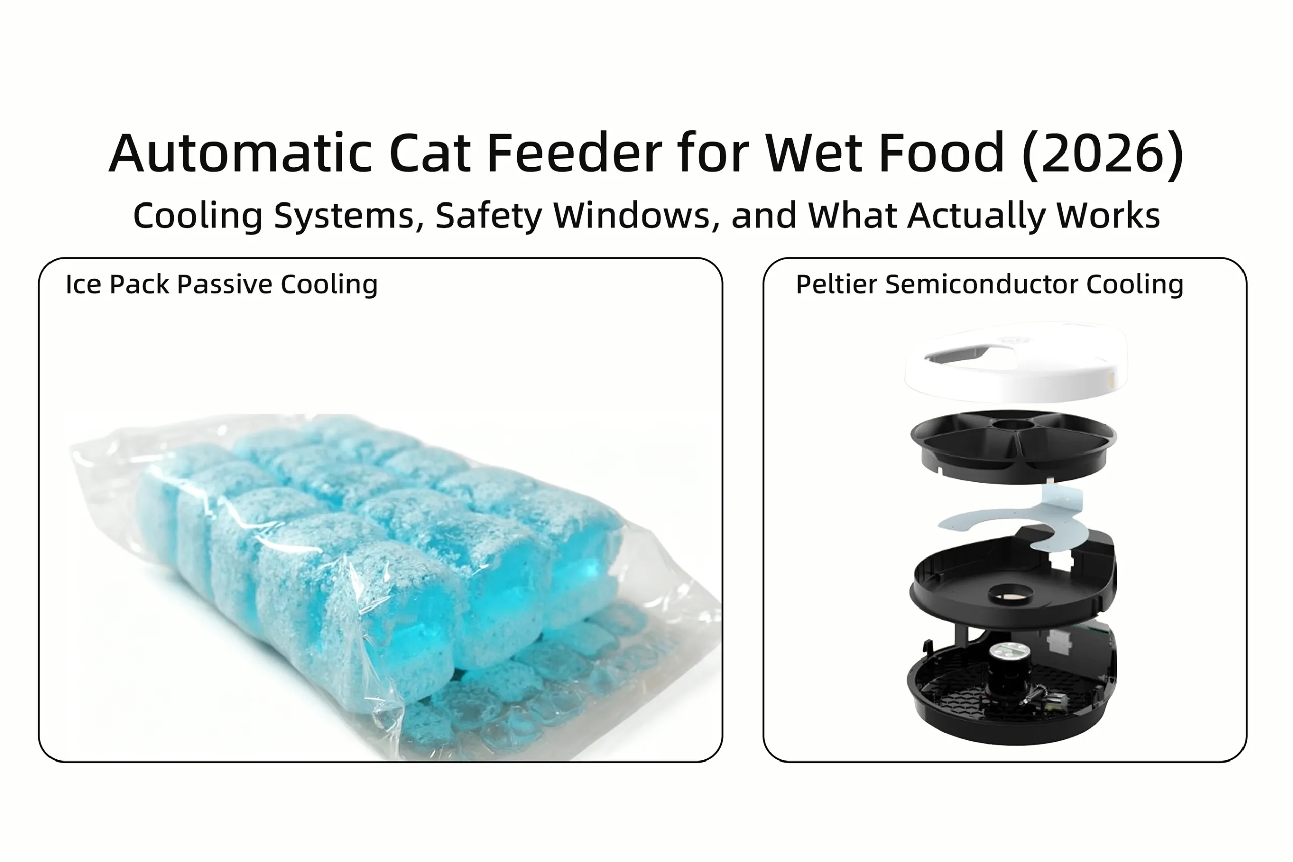 A comparison between ice pack and Peltier cooling systems for an automatic cat feeder wet food setup.