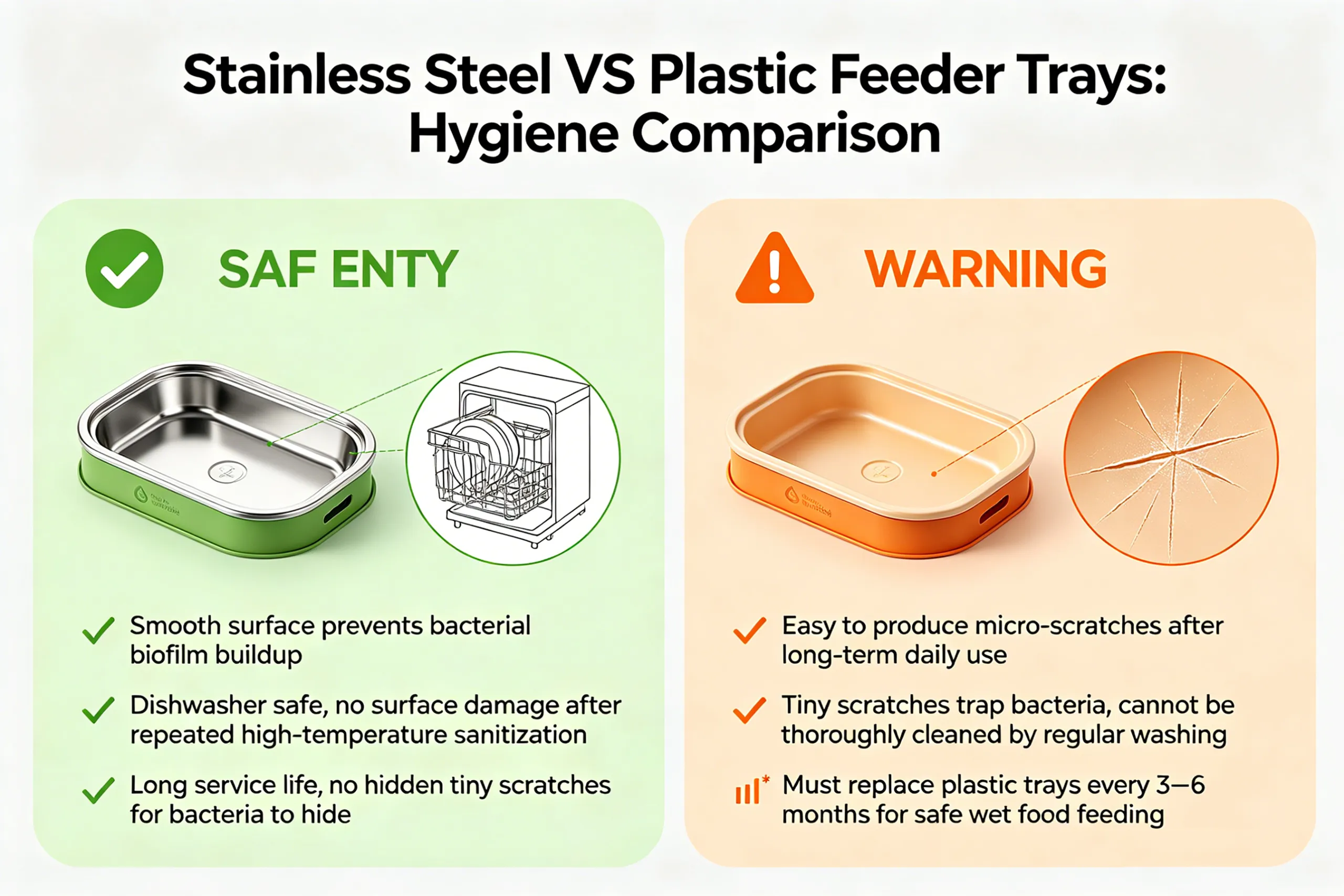 Hygiene comparison showing why stainless steel is safer than plastic for an automatic wet food cat feeder to prevent bacterial buildup.