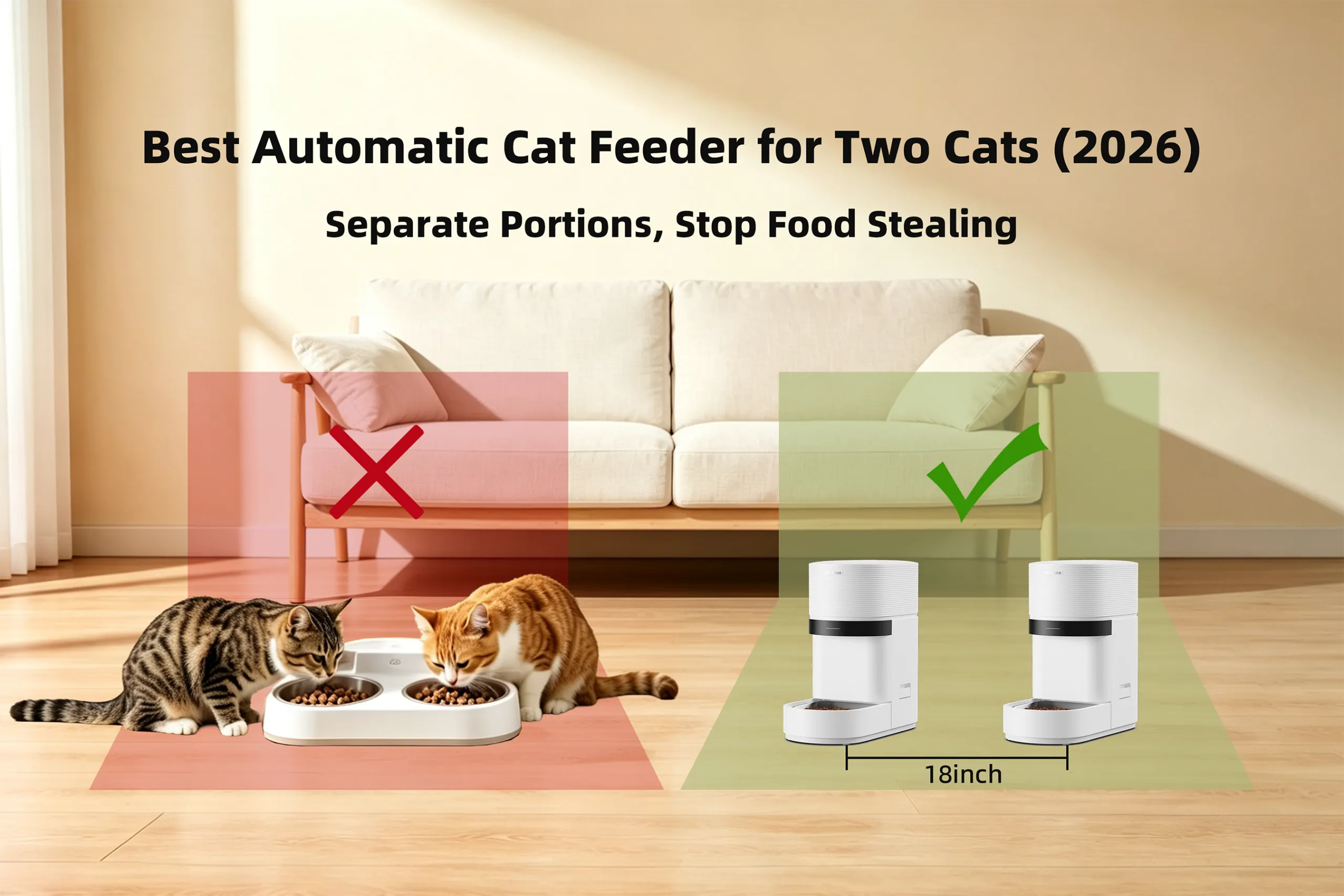 Two cats eating from separate automatic feeders spaced 18 inches apart, representing the best automatic cat feeder for two cats setup to stop food stealing.