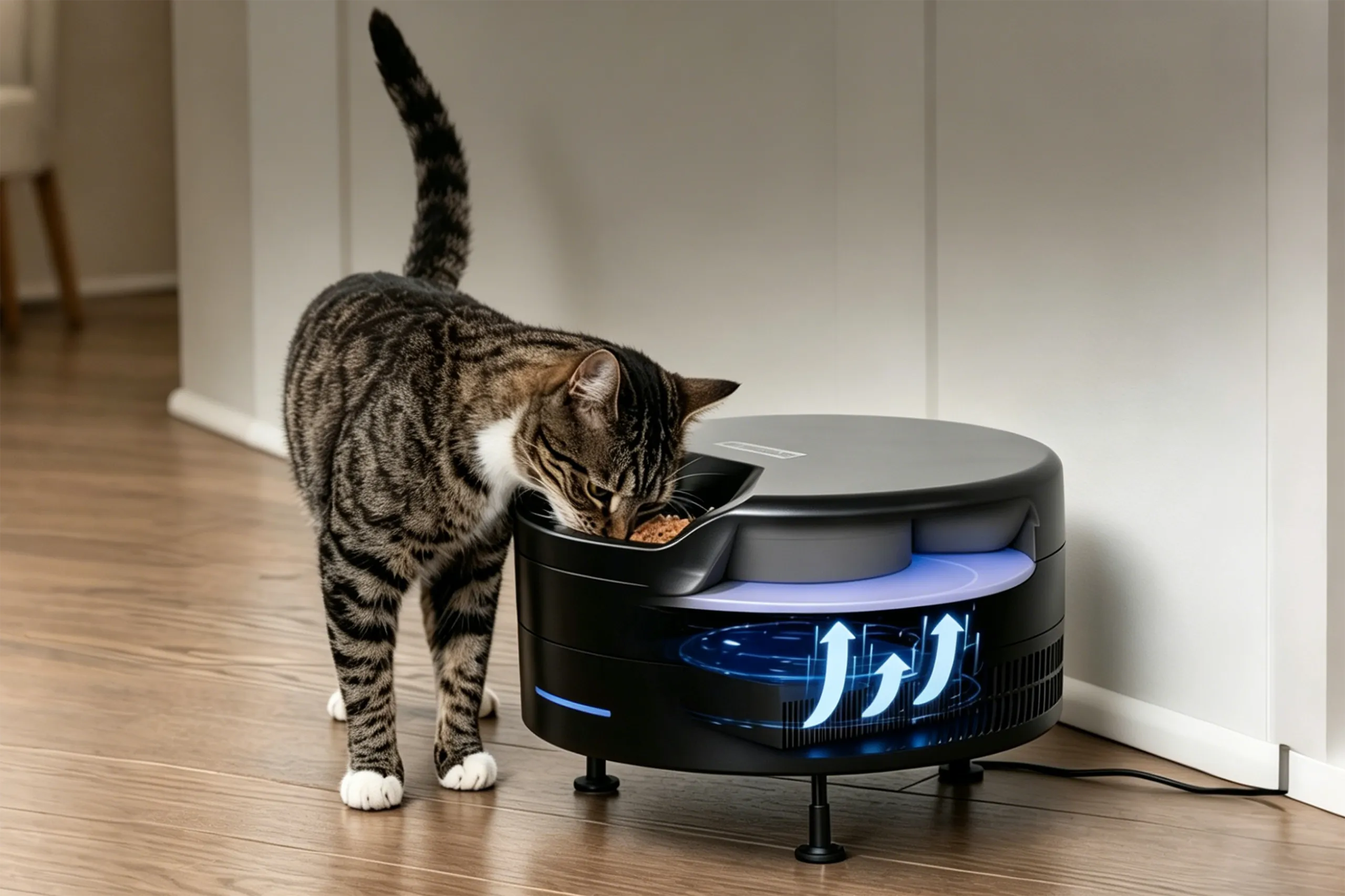 A tabby cat eating from a modern refrigerated automatic cat feeder that keeps wet meals safely chilled for multiple days.