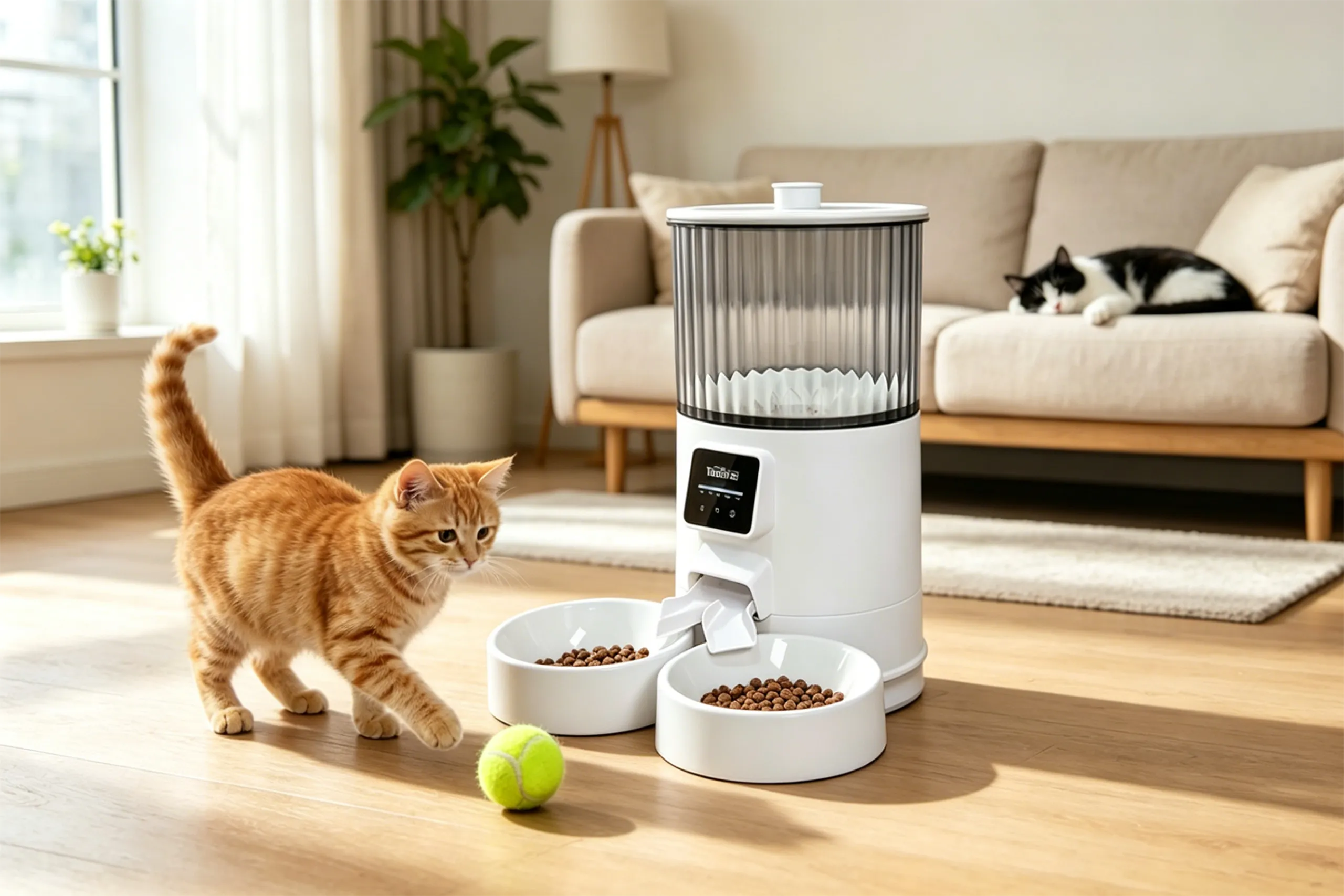 An orange tabby cat approaching a tall white dual bowl automatic cat feeder dispensing kibble into two separate bowls from one hopper.