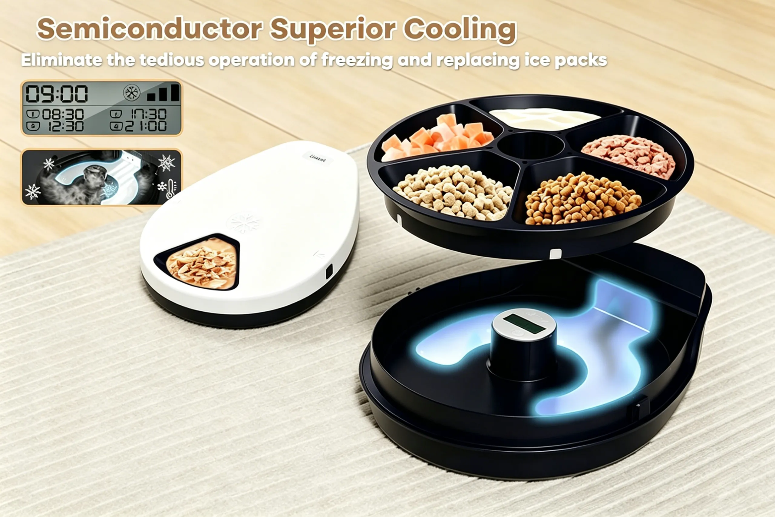 A disassembled peltier wet food cat feeder showing the semiconductor cooling base and the 5-tray serving carousel.