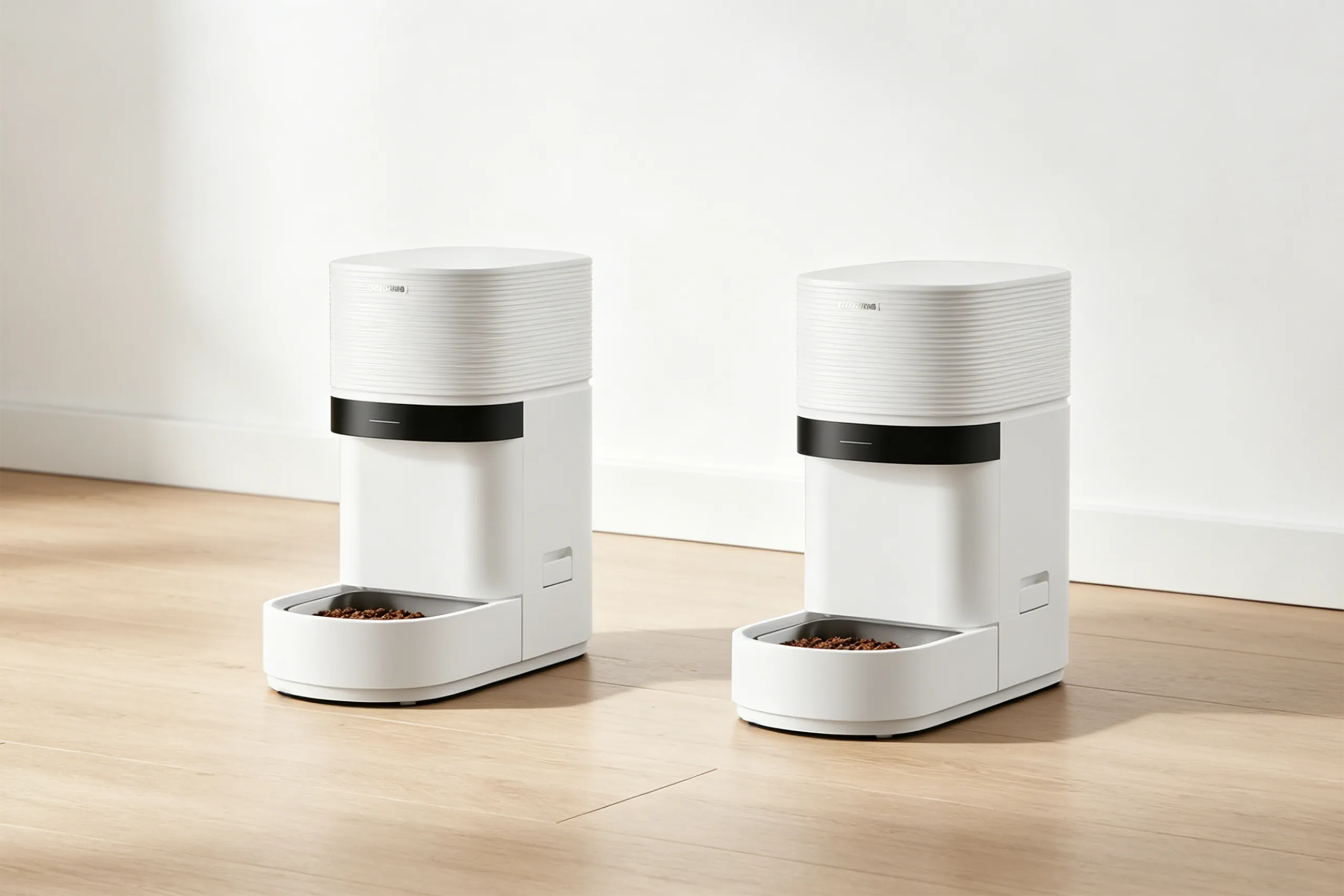 Two independent white automatic cat feeders placed side by side, the ideal two cat feeder separate bowls solution for feeding different diets.