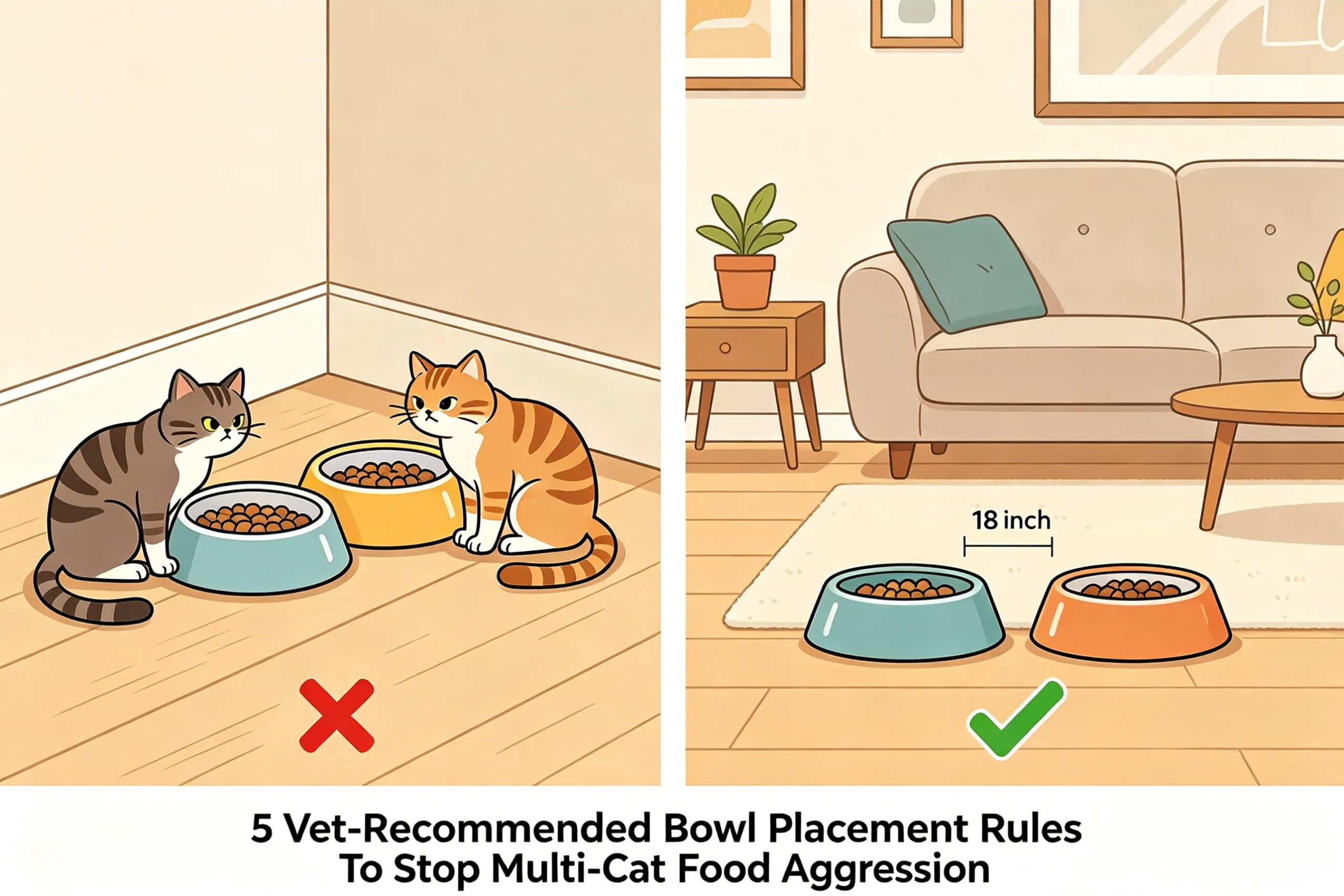 Infographic showing correct two cat household feeder setup with bowls placed 18 inches apart to stop multi-cat food aggression.