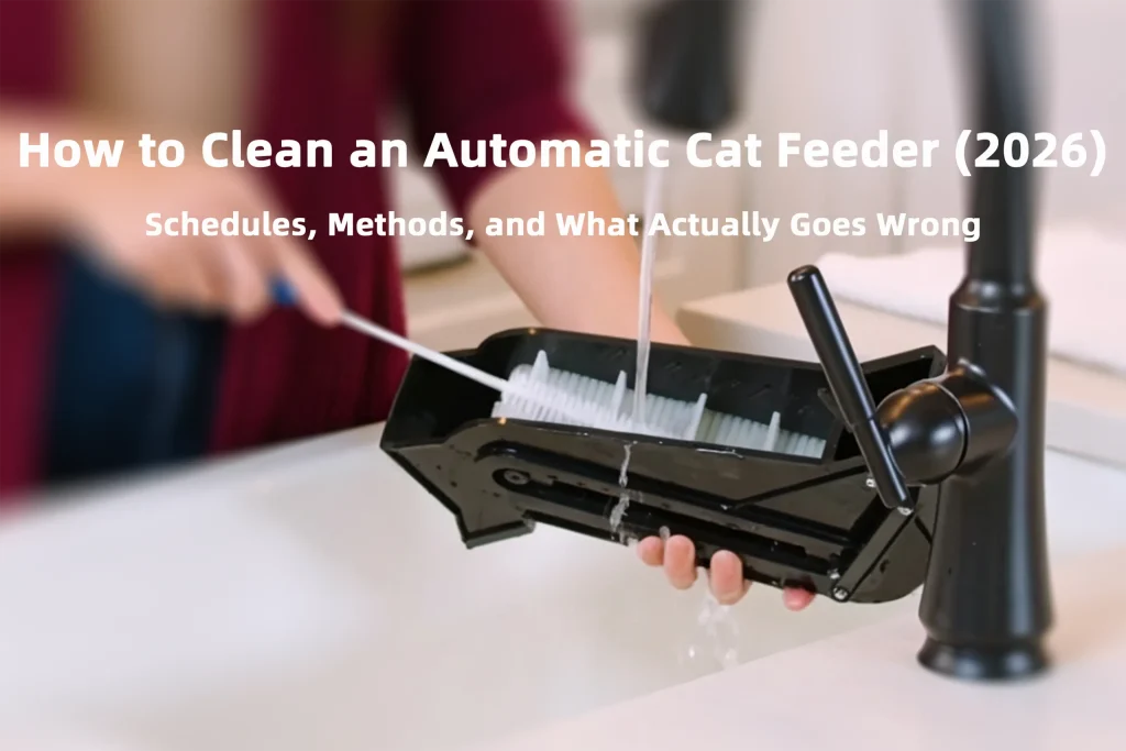 Hands washing and scrubbing the internal dispensing chute of an automatic cat feeder under running water with a bottle brush.