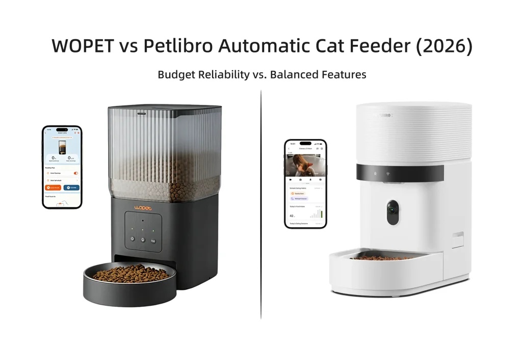 A side-by-side visual comparison of the WOPET automatic cat feeder and the Petlibro Granary automatic feeder.