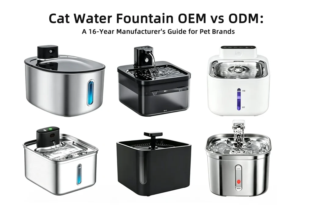 Assorted stainless steel and smart cat water fountains manufactured by a private label cat water fountain manufacturer.