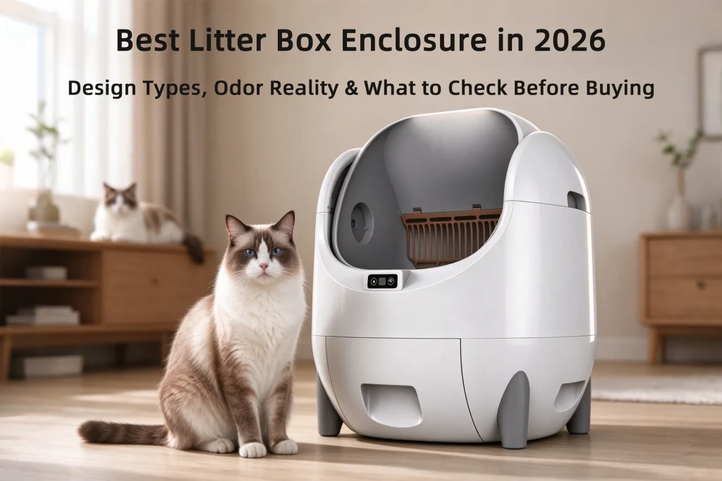 Modern cat litter box enclosure and automatic litter box furniture in living room with cats