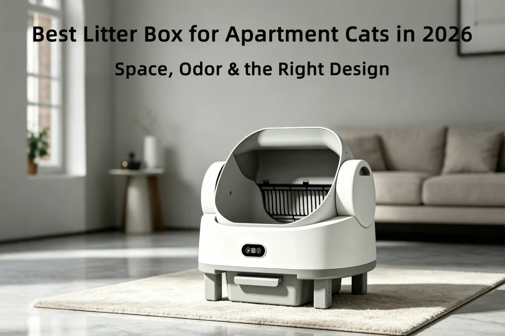 Modern automatic litter box in an apartment living room highlighting the best litter box for apartment cats in 2026