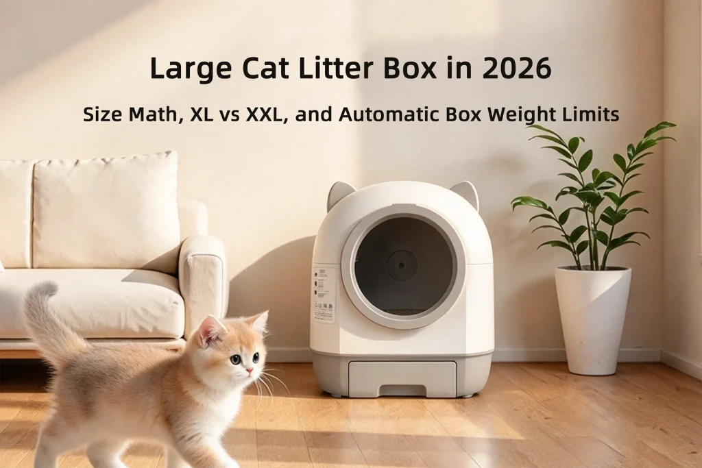 Modern automatic litter box in living room illustrating large cat litter box sizing math and weight limits
