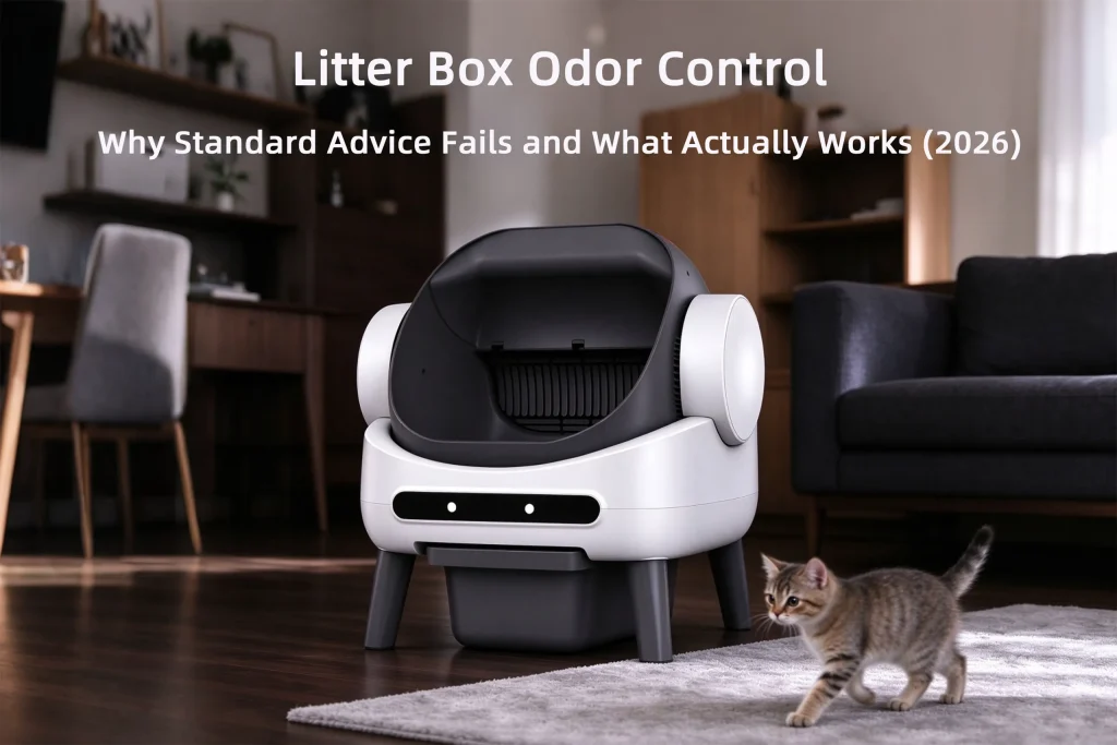 Modern automatic litter box in living room illustrating effective litter box odor control and ammonia elimination methods