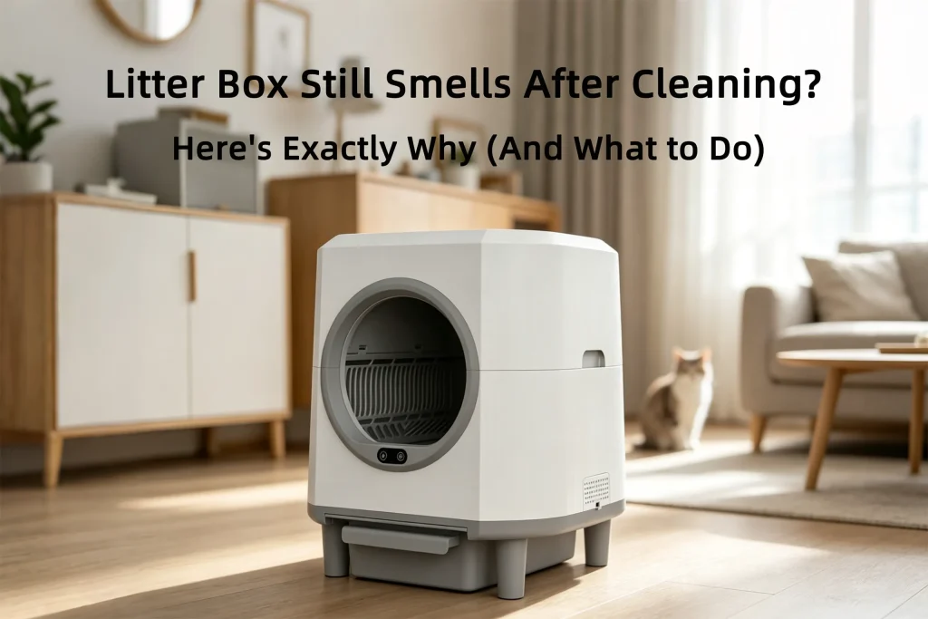Modern automatic litter box in living room illustrating why a litter box smell even after cleaning persists