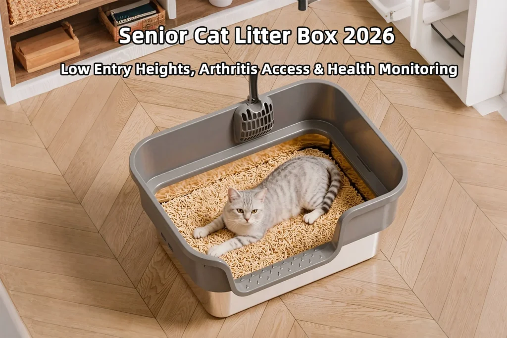 Senior cat resting comfortably in a low entry litter box for senior cats designed for easy arthritis access