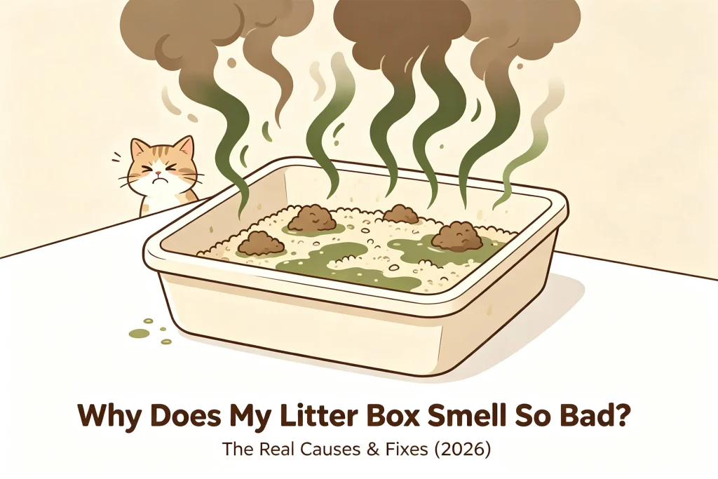 Cat next to a smelly litter box illustrating why does my litter box smell so bad and how to eliminate cat litter box smells