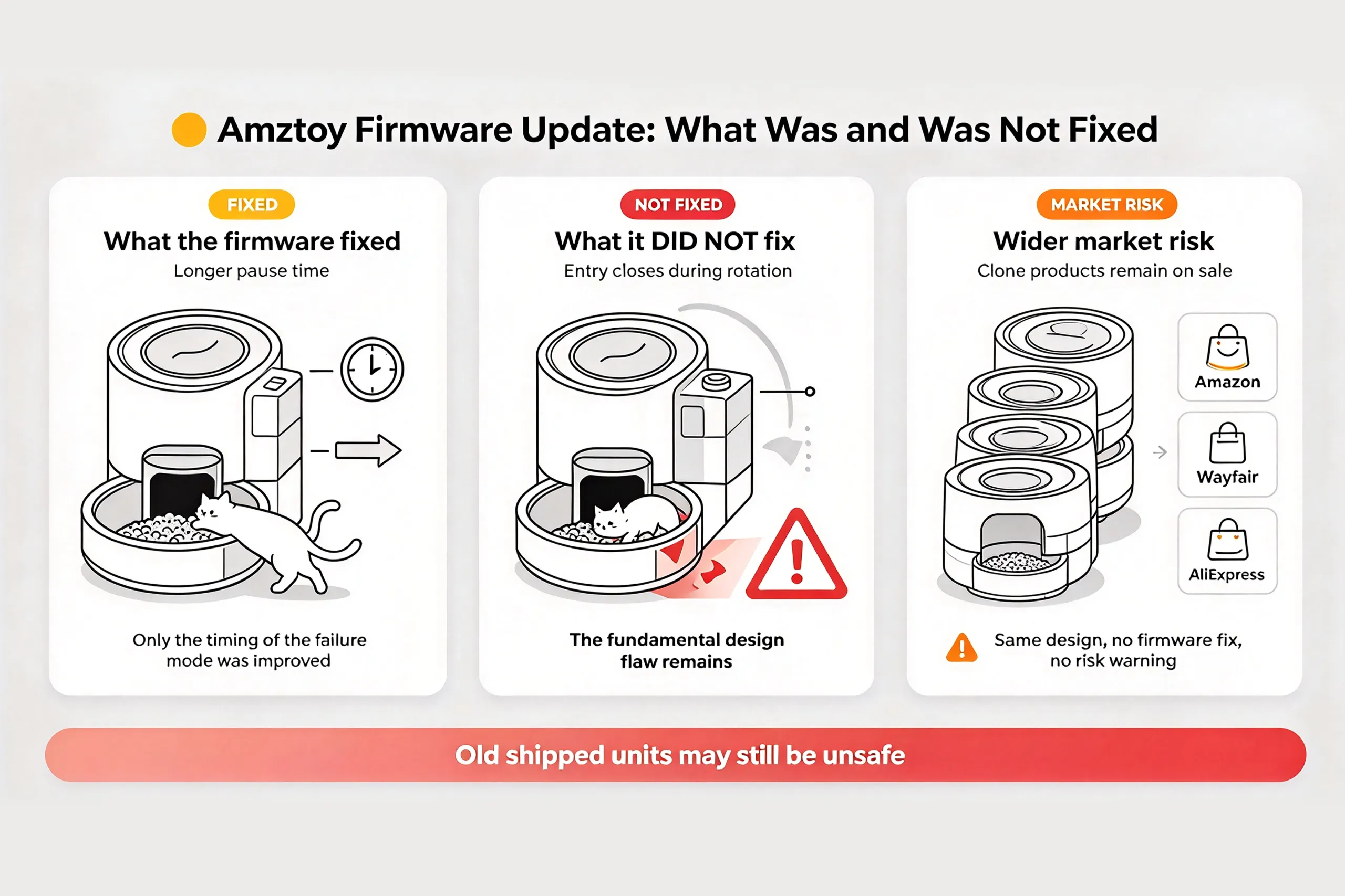 Infographic explaining why firmware updates failed to fix dangerous designs, addressing are self cleaning litter boxes safe concerns