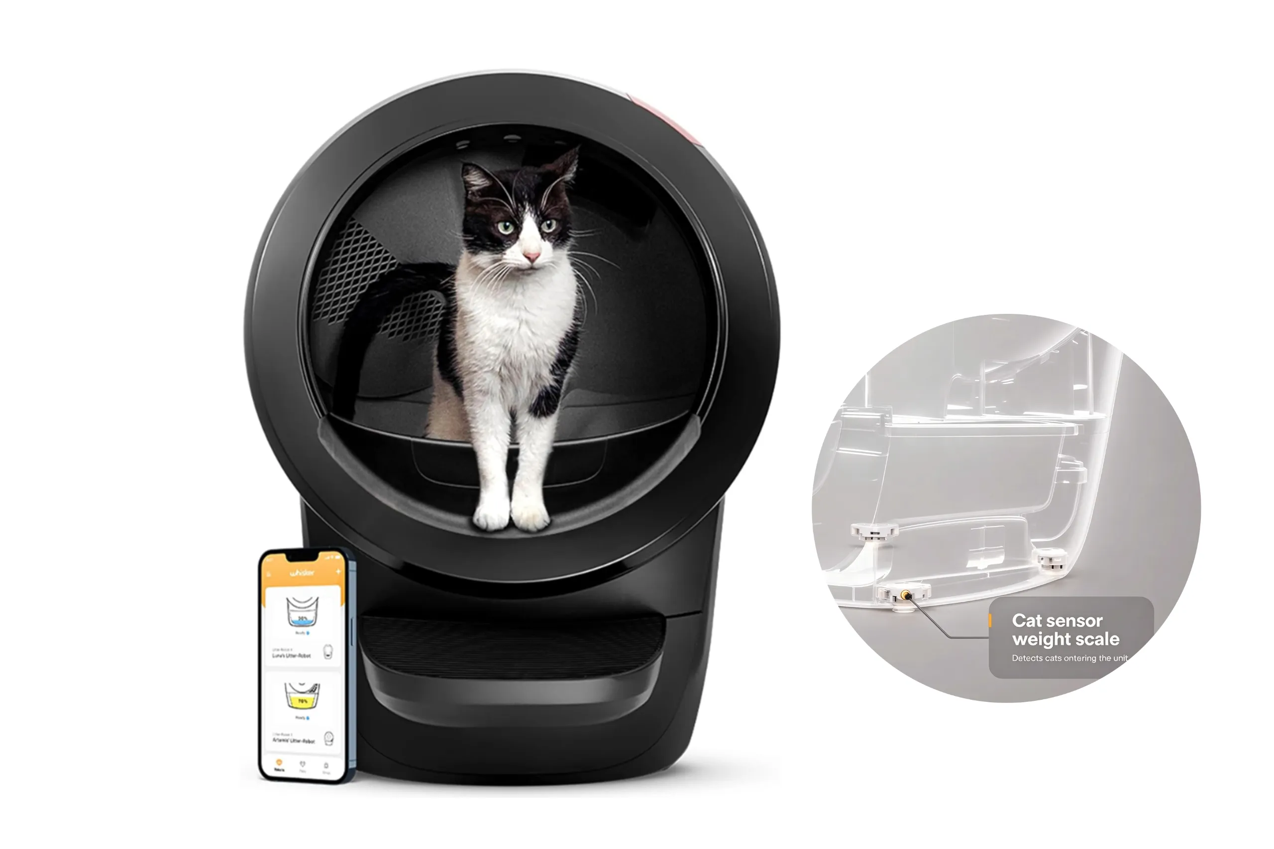 Diagram explaining how load cells and cat sensor weight scale work to detect cat presence in an automatic litter box