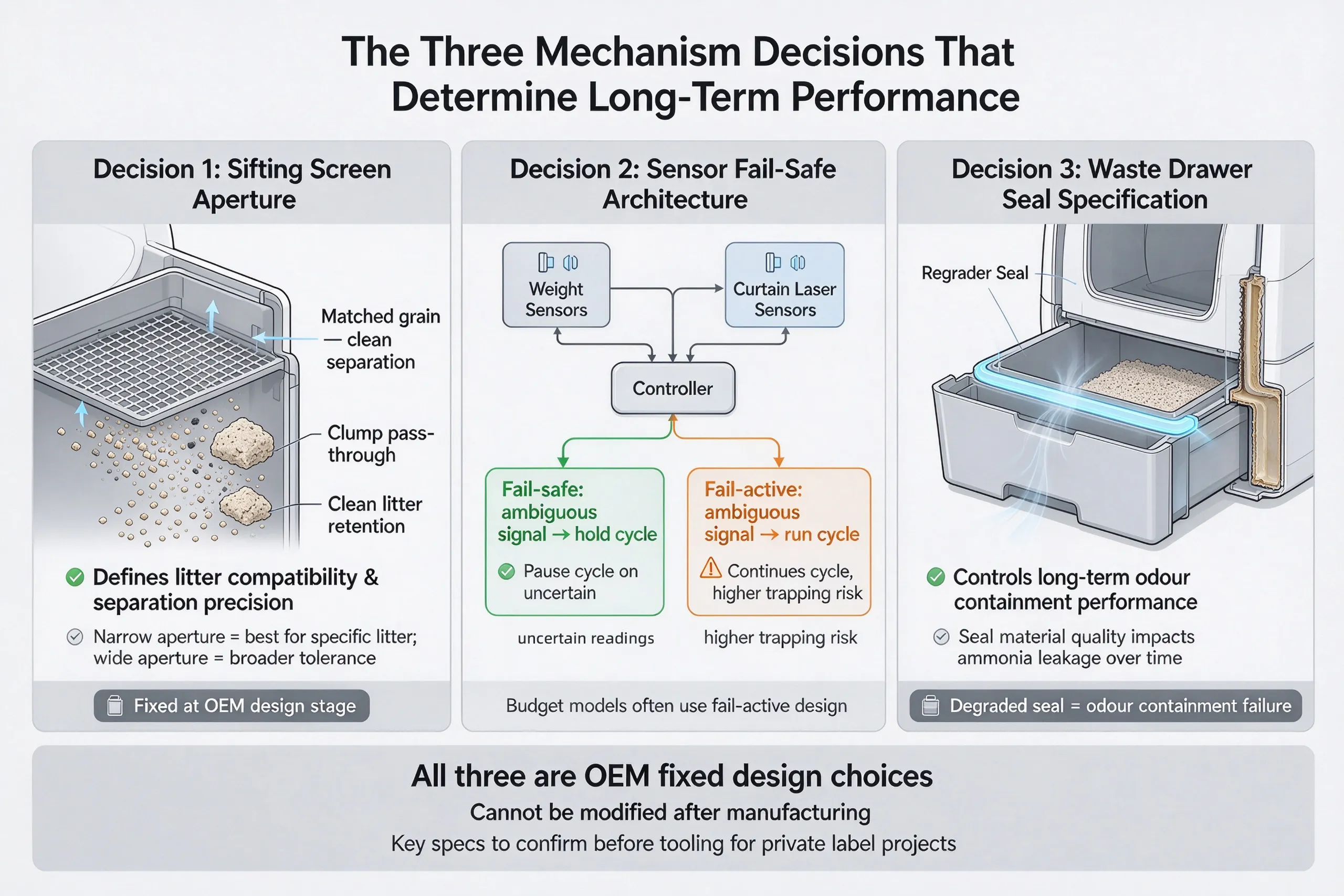 Engineering diagram breaking down screen aperture, sensor fail-safe logic, and drawer seal specs to answer should i get an automatic litter box