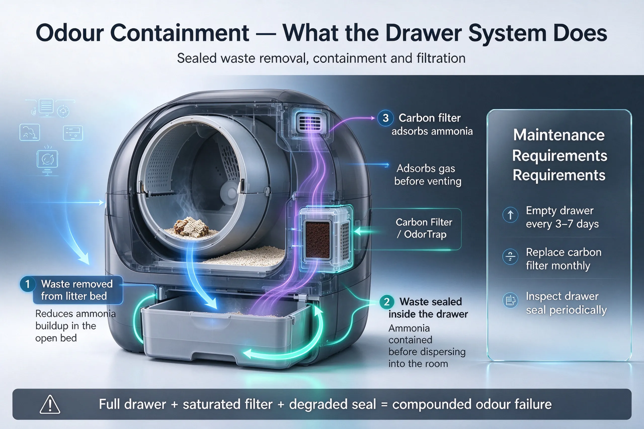 Cross-section airflow diagram showing how does self cleaning litter box work to contain odour with sealed drawer and carbon filter