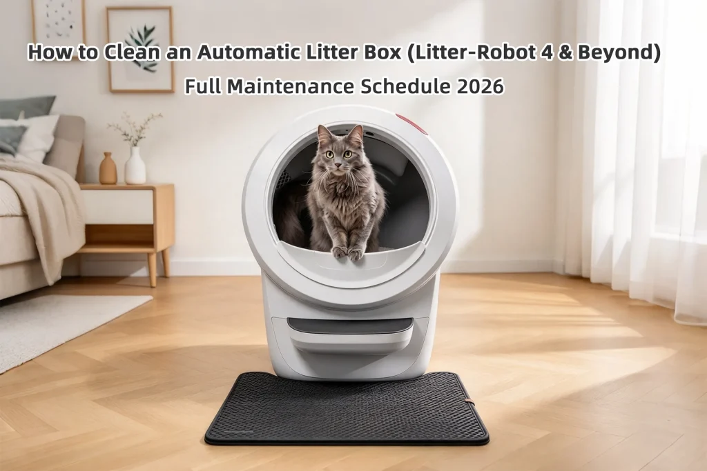 Cat sitting inside a Litter-Robot 4 illustrating how to clean an automatic litter box maintenance schedule