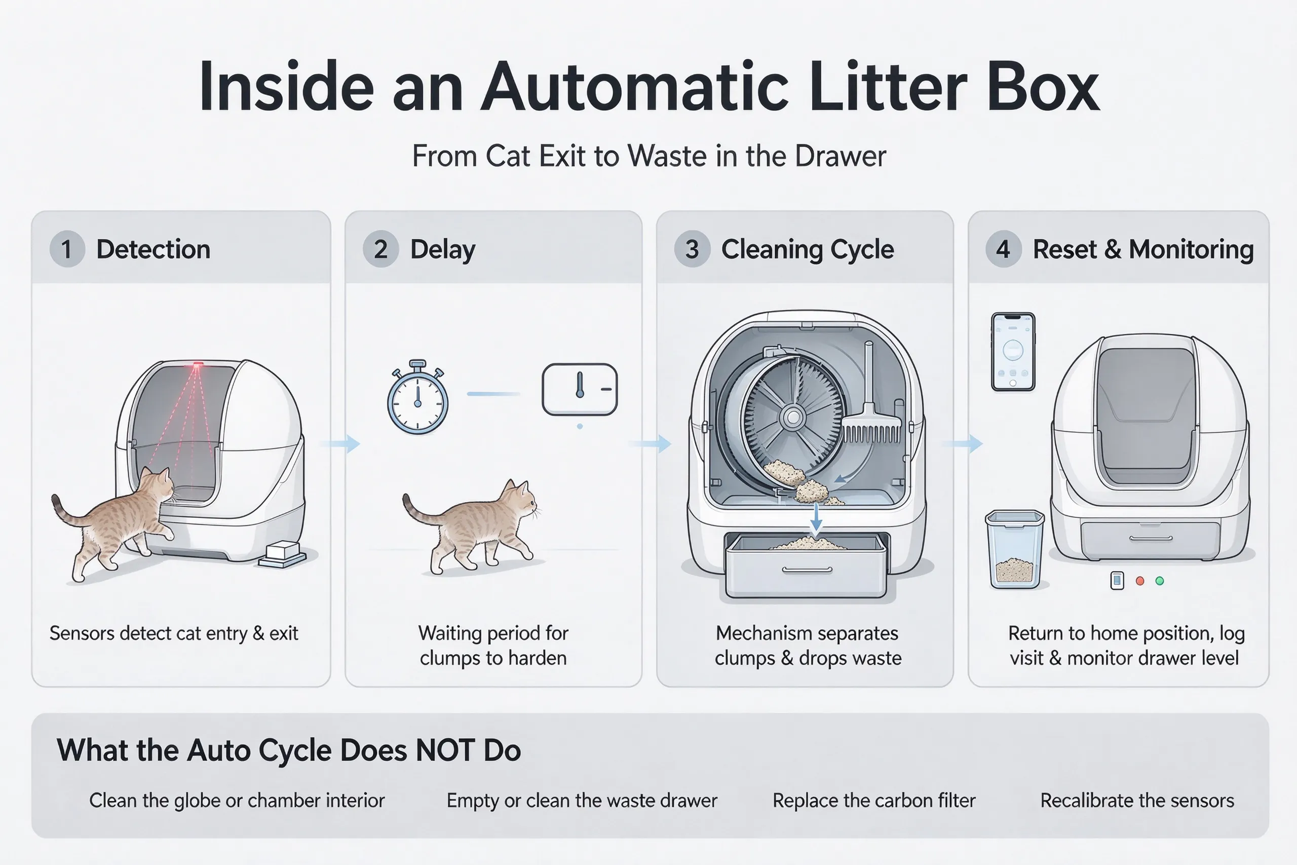 Step-by-step diagram showing how does a self cleaning litter box work from cat exit to waste drawer
