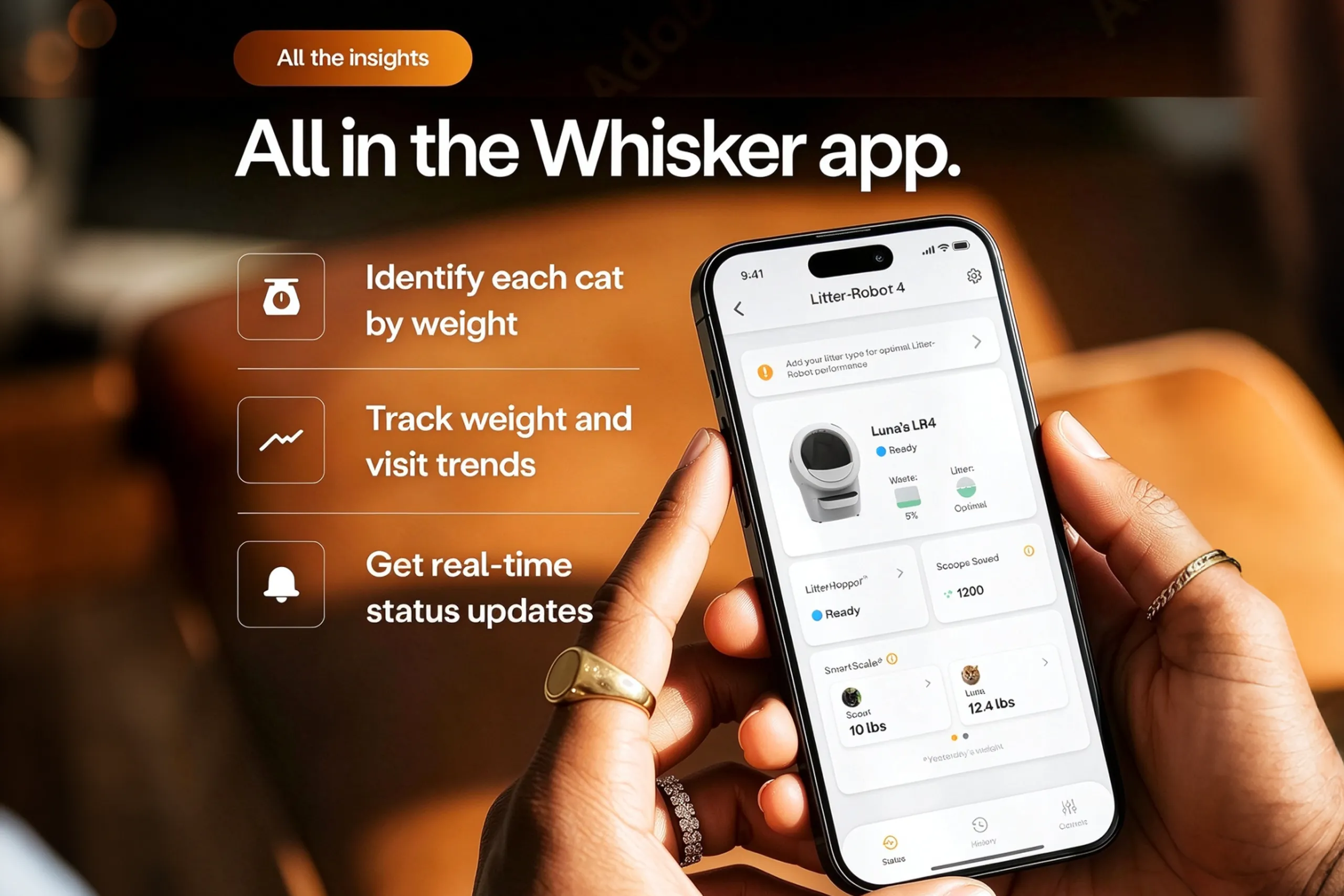 Smartphone displaying the Whisker app showing weight logs and litter robot 4 cat presence sensor activity