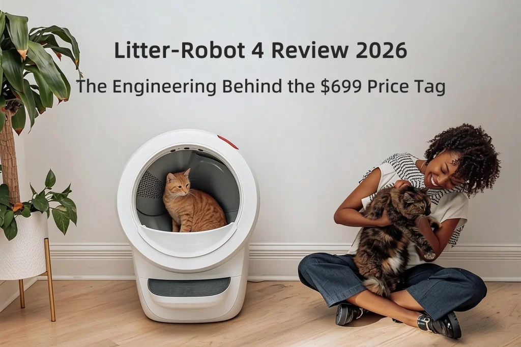 Living room scene featuring the Whisker Litter-Robot 4 with cats, illustrating a complete Litter-Robot 4 review