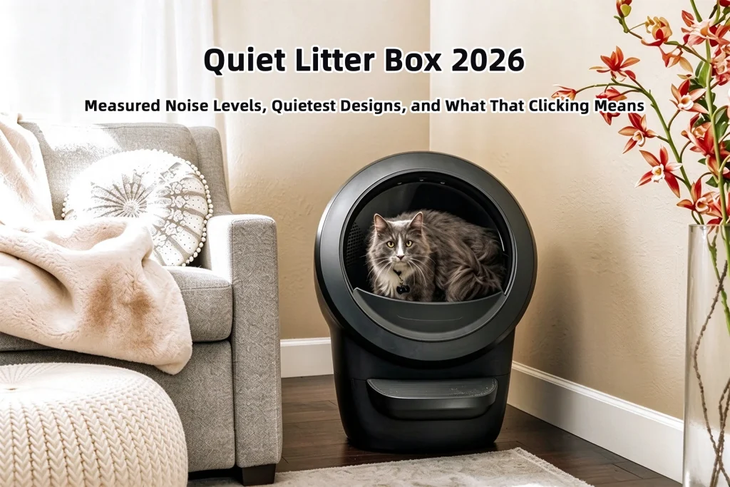 Gray cat resting inside a quiet litter box in a cozy living room demonstrating whisper quiet cat litter box operation