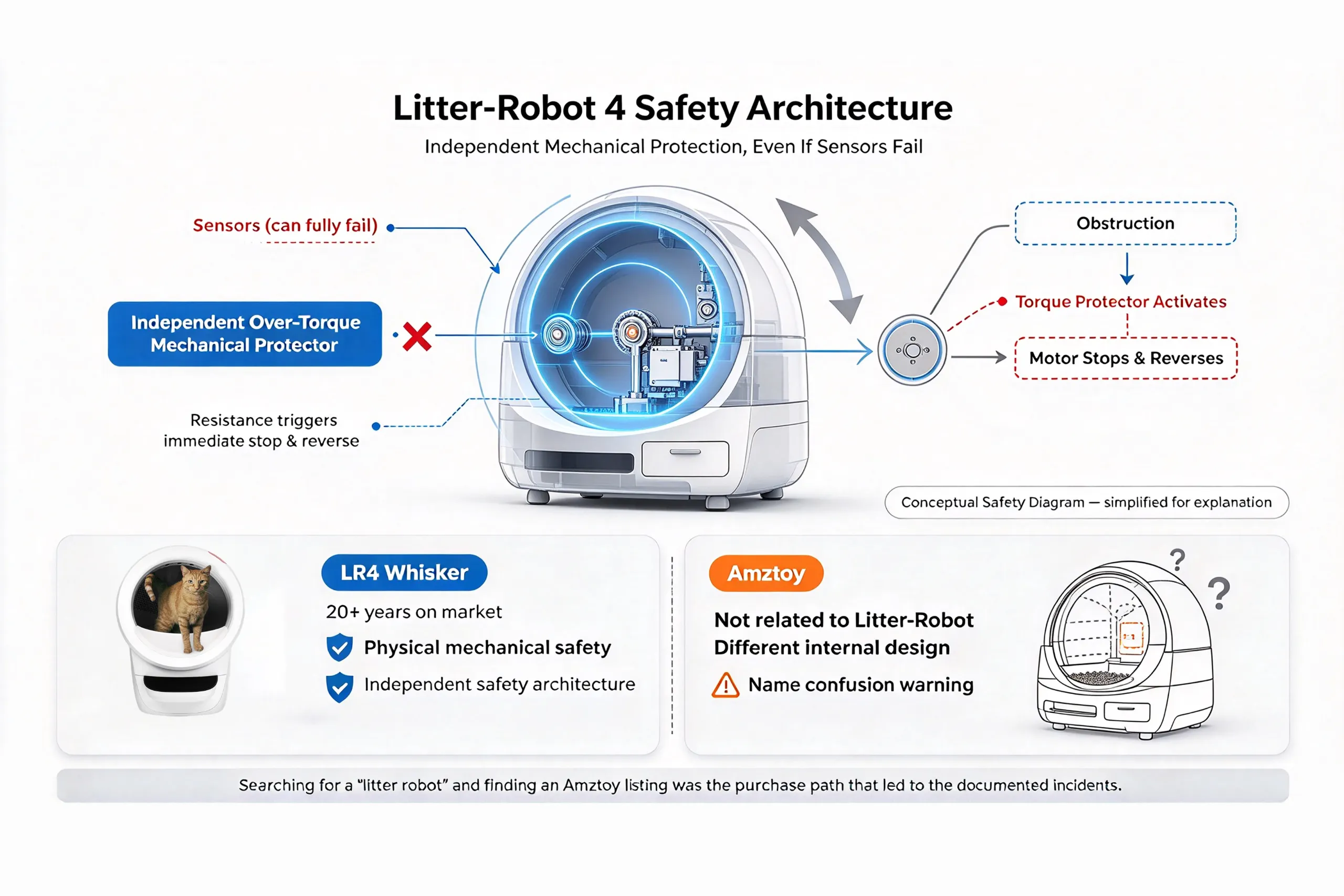 Mechanical safety diagram highlighting the safest automatic litter box architecture with independent over-torque protection