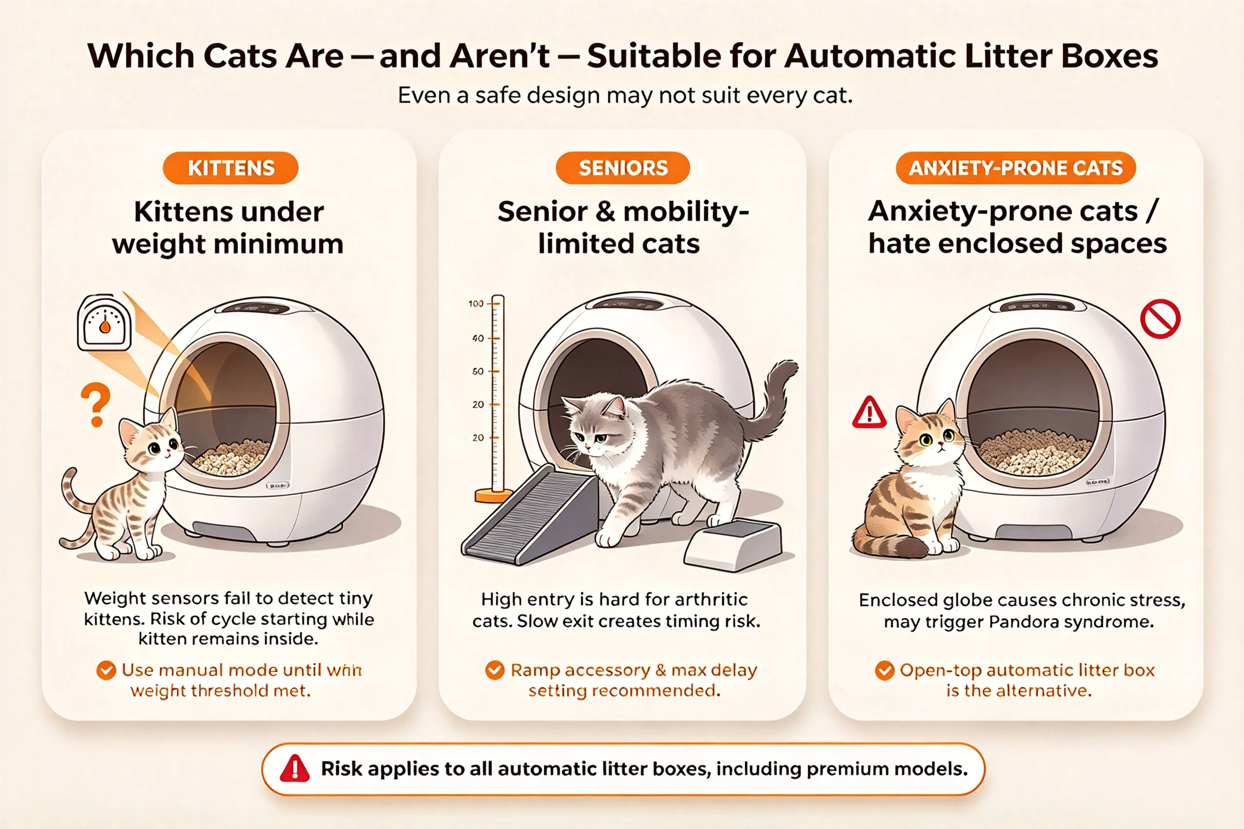 Infographic illustrating which cats need caution, explaining safety risks of a self cleaning litter box for kittens and seniors