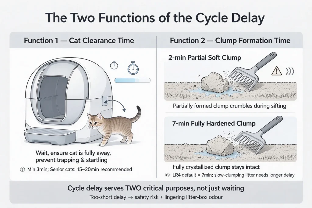Infographic illustrating the two functions of cycle delay: cat clearance time and clump hardening to prove do automatic litter boxes work